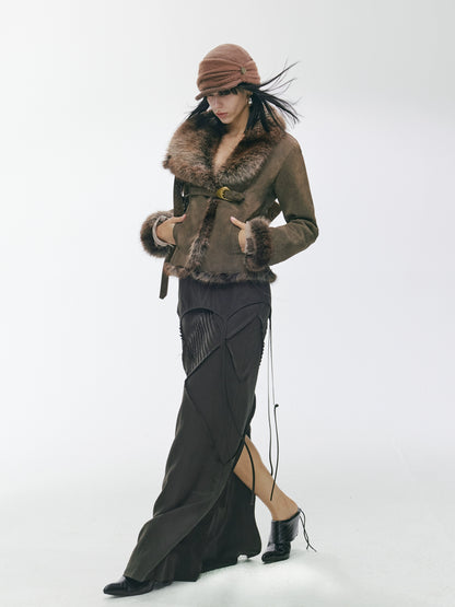 Vintage Asymmetric Shearling-Effect Suede Jacket