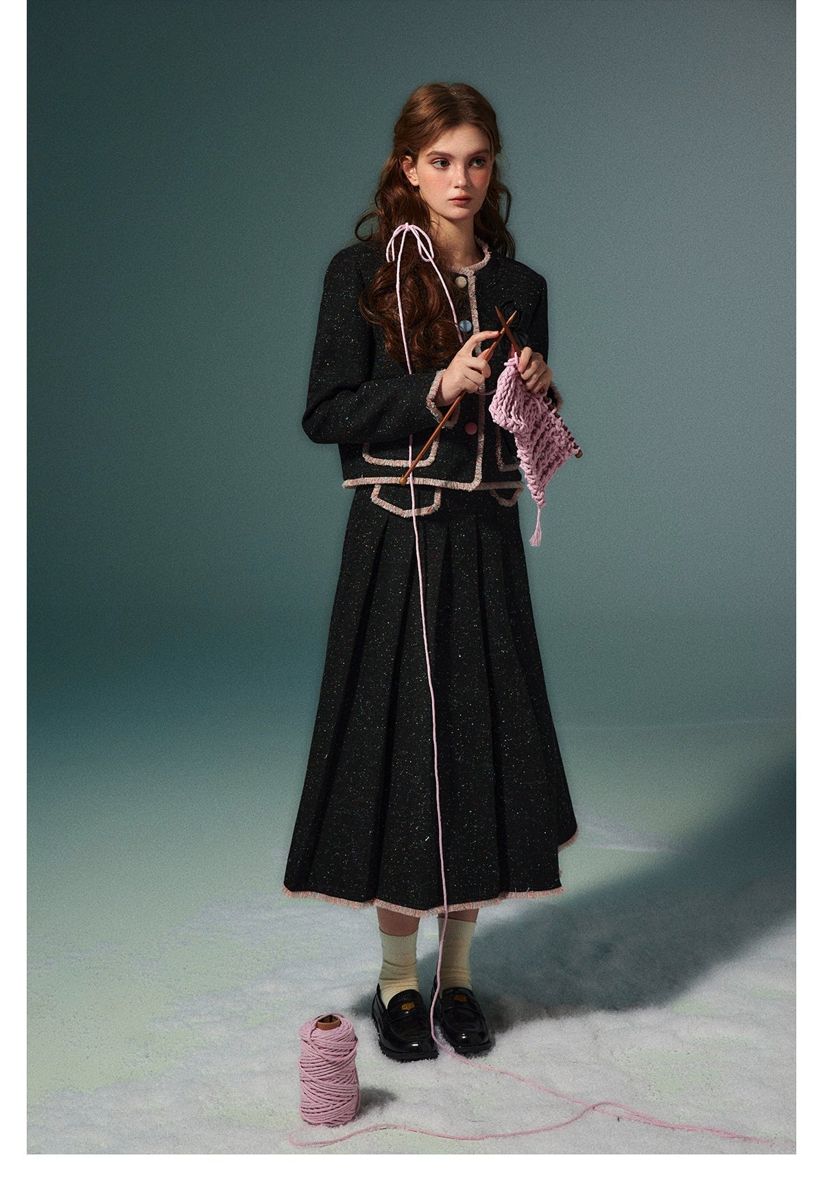 Black Fringed Woolen Jacket &amp; Pleated Skirt Set - CHINASQUAD