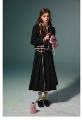 Black Fringed Woolen Jacket & Pleated Skirt Set - CHINASQUAD