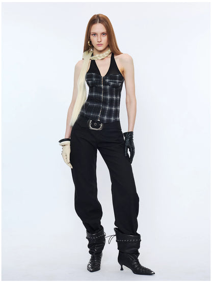 Plaid Mesh Panel Halter Corset