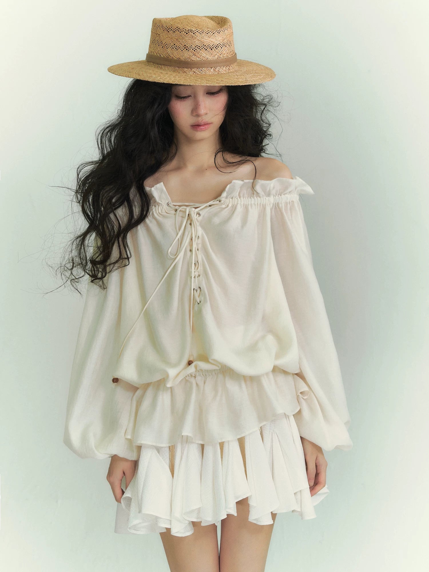 Off-Shoulder Lace-Up Lantern Sleeve Blouse