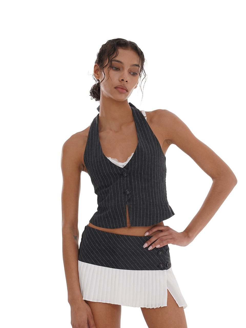 Grey Pinstriped Halter Vest Top &amp; Skirt Set