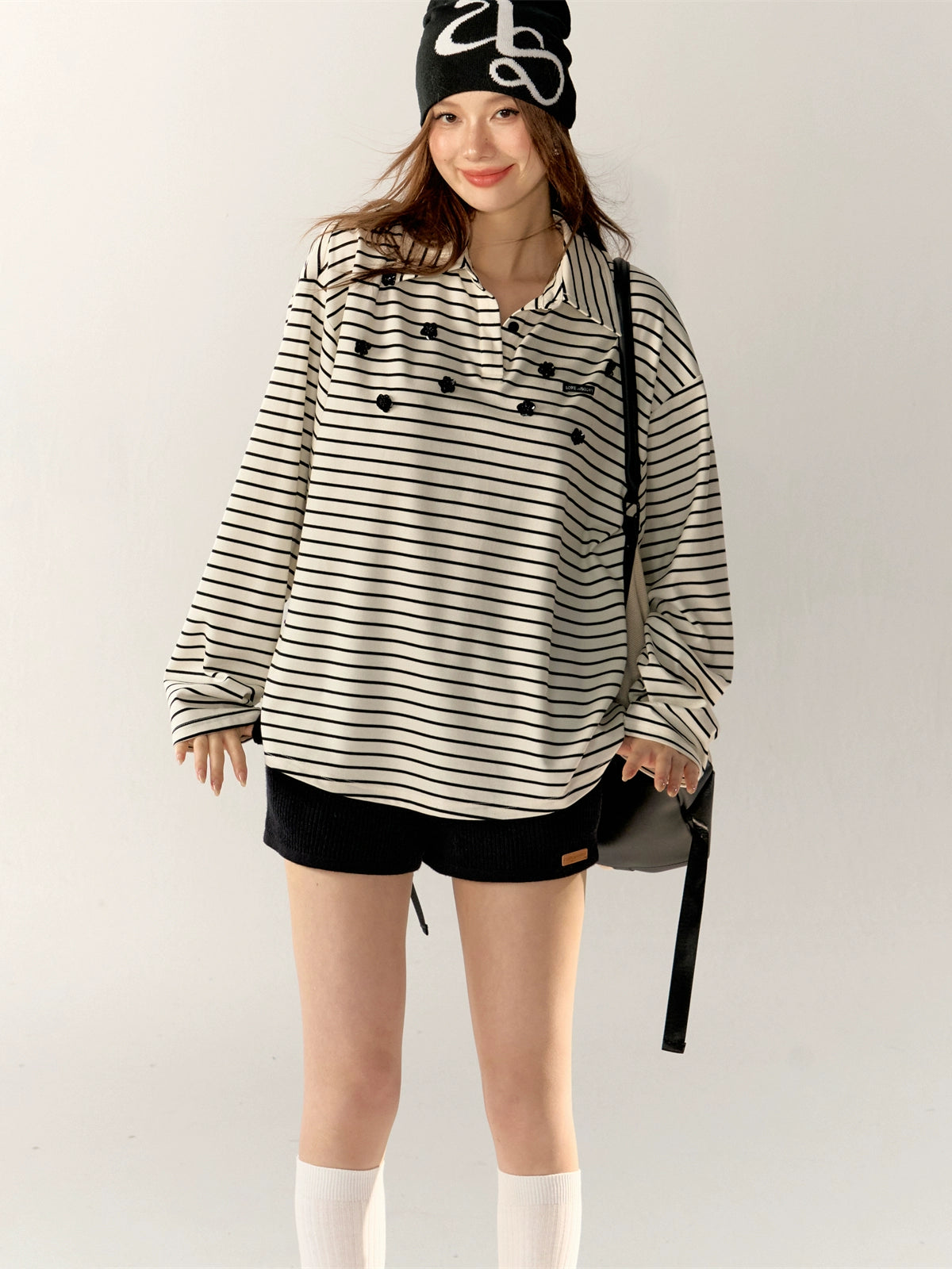 Striped Floral Collar Polo Long Sleeve Shirt