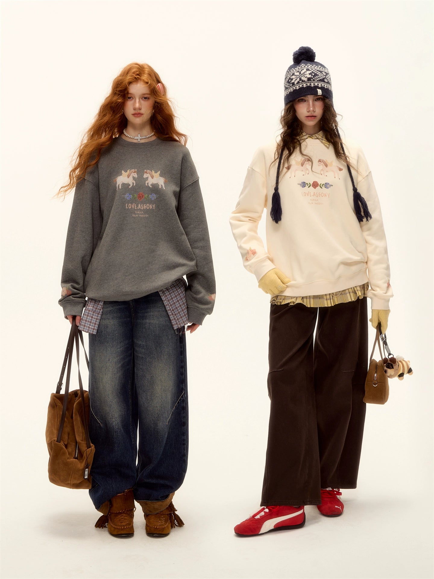 Floral Pony Print Fleece-Lined Pullover Sweatshirt