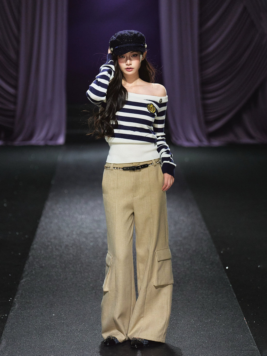 Nautical Stripe Off-Shoulder Knit Sweater