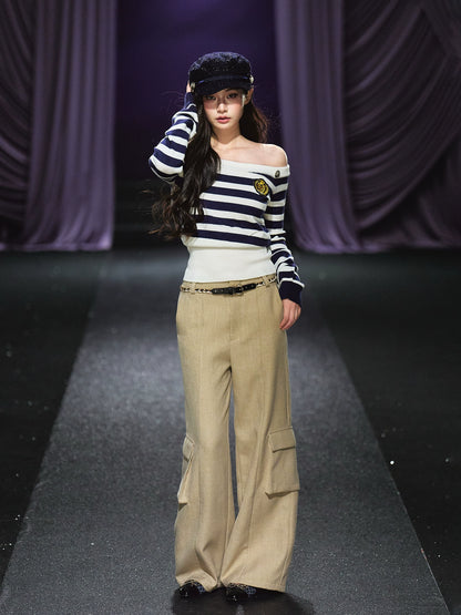 Nautical Stripe Off-Shoulder Knit Sweater