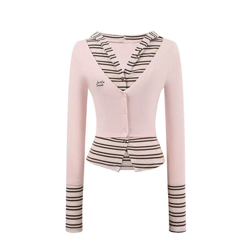 Sporty Striped Layered Hooded Top