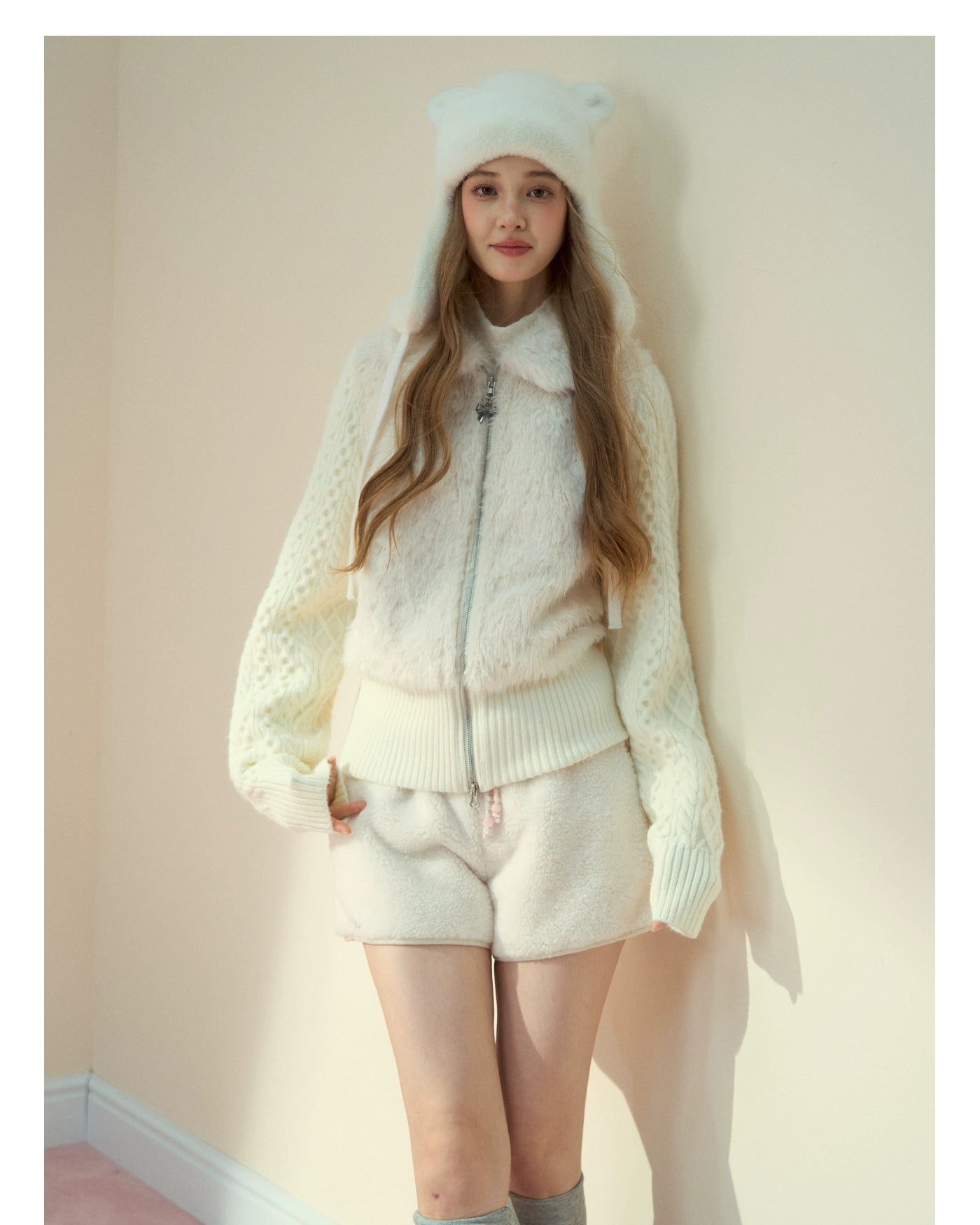 Cream Cloud Fleece Wool Shorts