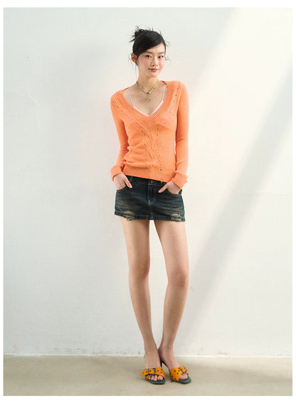 Distressed Openwork V-Neck Knit Top