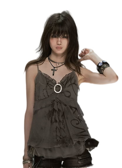 Cest Nous Graffiti Mesh Ruffle Camisole – Vest &amp; Tank Tops