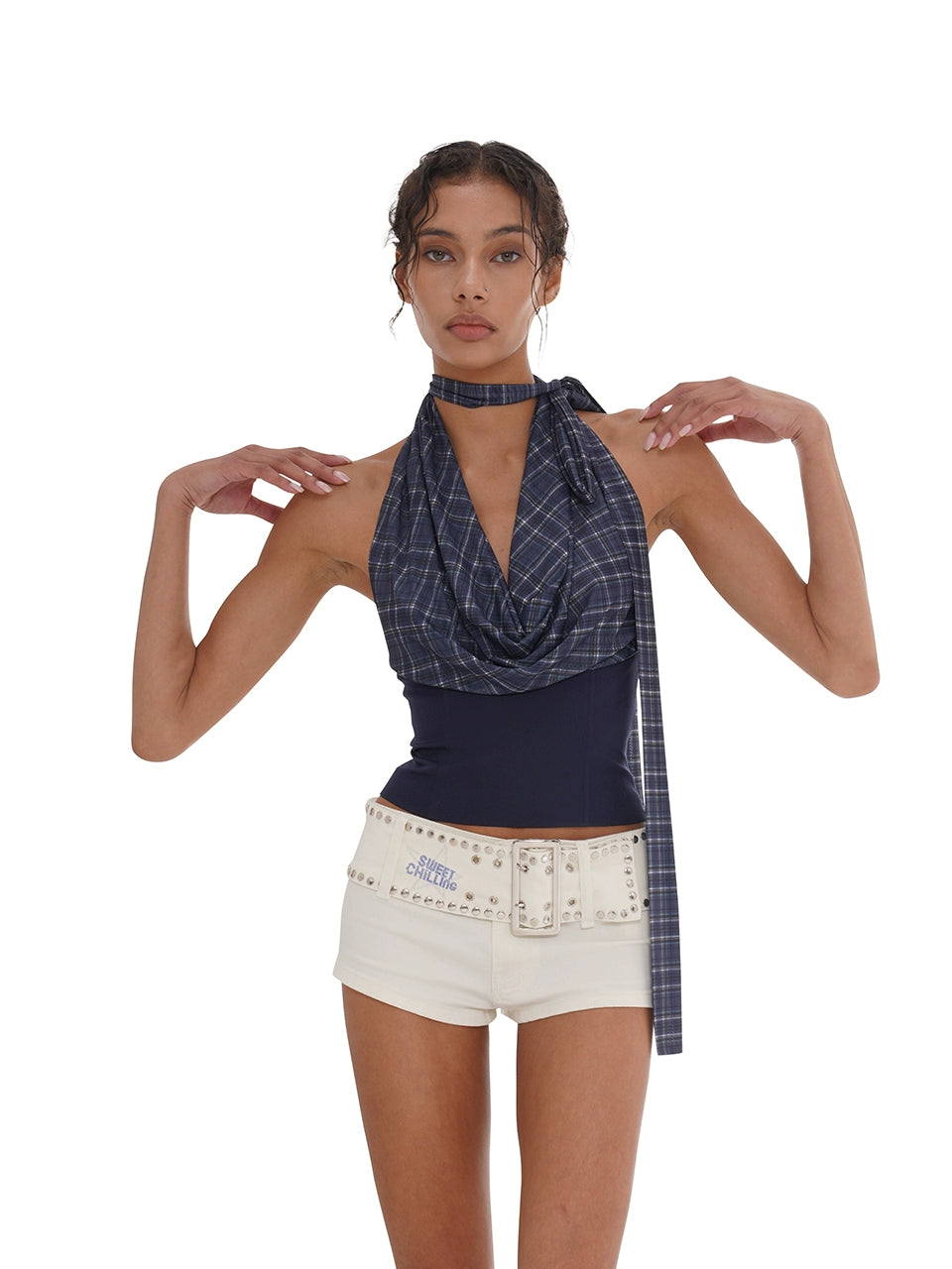 Halter Mesh Cowl-Neck Top