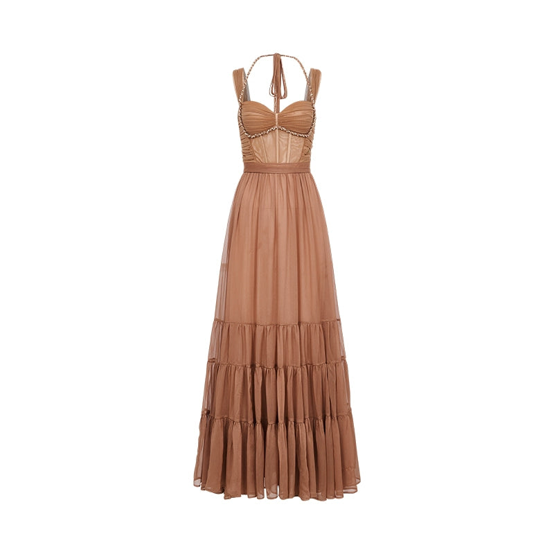 Tia Beaded Halter Chiffon Midi Dresses