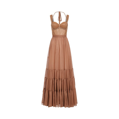 Tia Beaded Halter Chiffon Midi Dresses