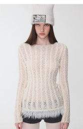 Cable-Knit Faux-Fur Trim Fitted Sweater - CHINASQUAD