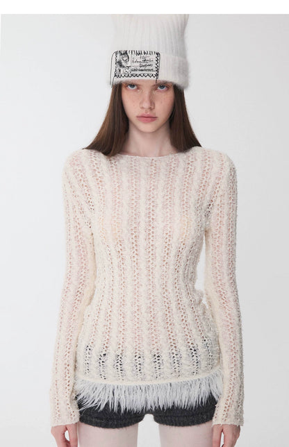 Cable-Knit Faux-Fur Trim Fitted Sweater - CHINASQUAD