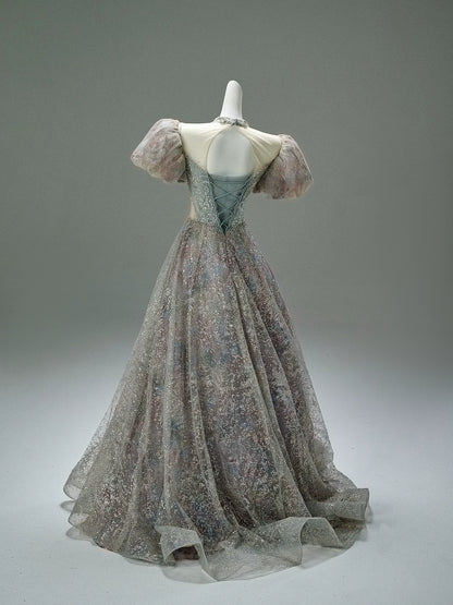 Light Drift Floral Tulle Gown with Puff Sleeves
