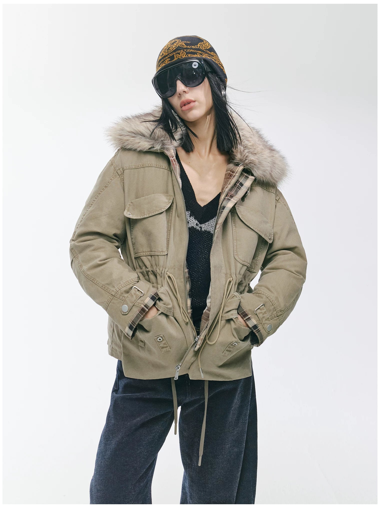 Detachable Fur Collar Utility Down Jacket