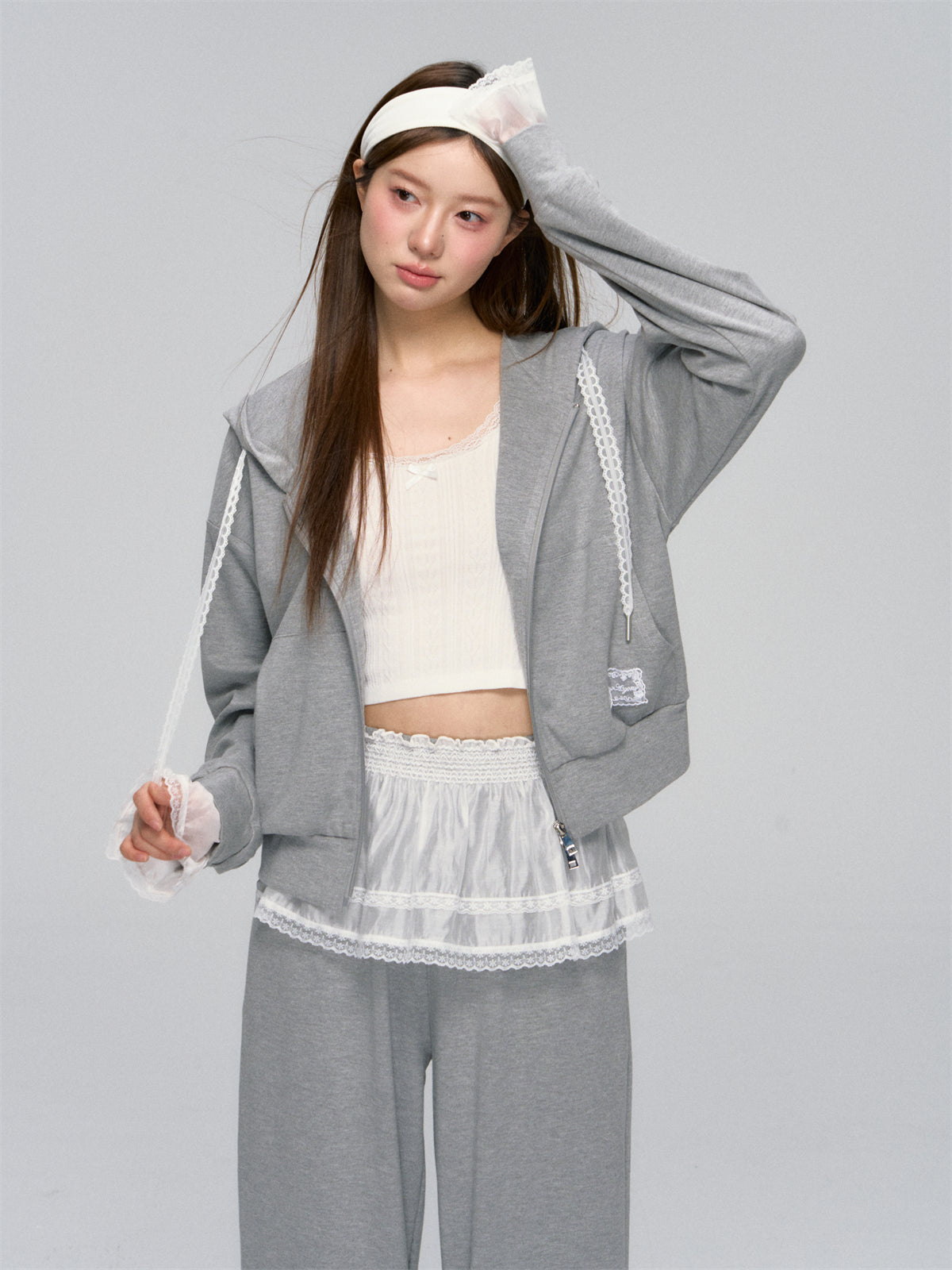 Gray Lace-Trimmed Casual Hoodie &amp; Pant Set