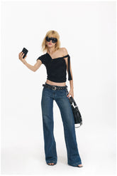 Washed Blue Embroidered Straight Jeans - CHINASQUAD