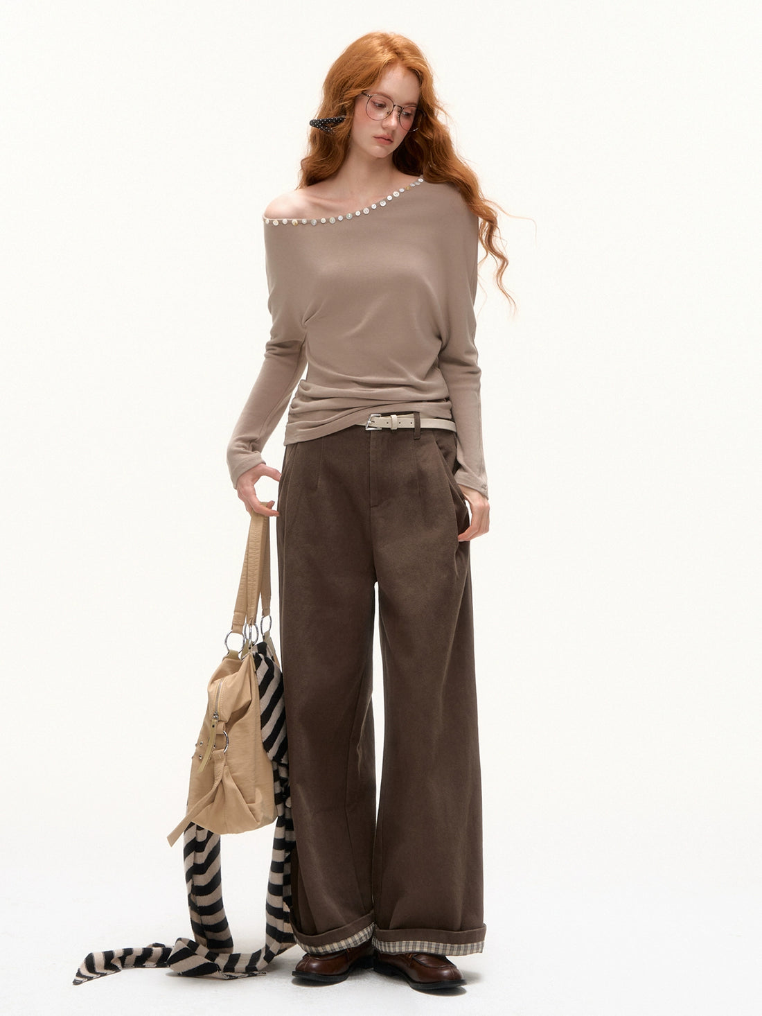 Plaid Cuff Belted Wide-Leg Trousers