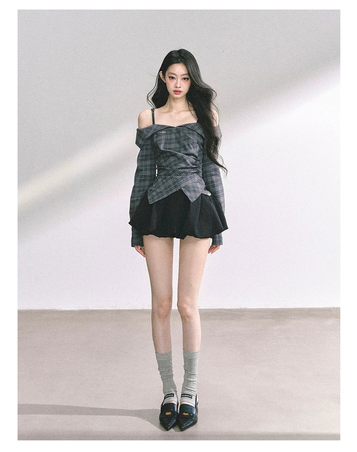 Off-Shoulder Plaid Long-Sleeve Shirt