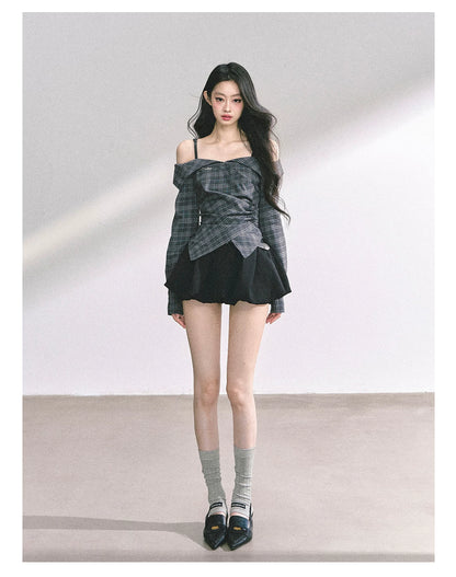 Off-Shoulder Plaid Long-Sleeve Shirt