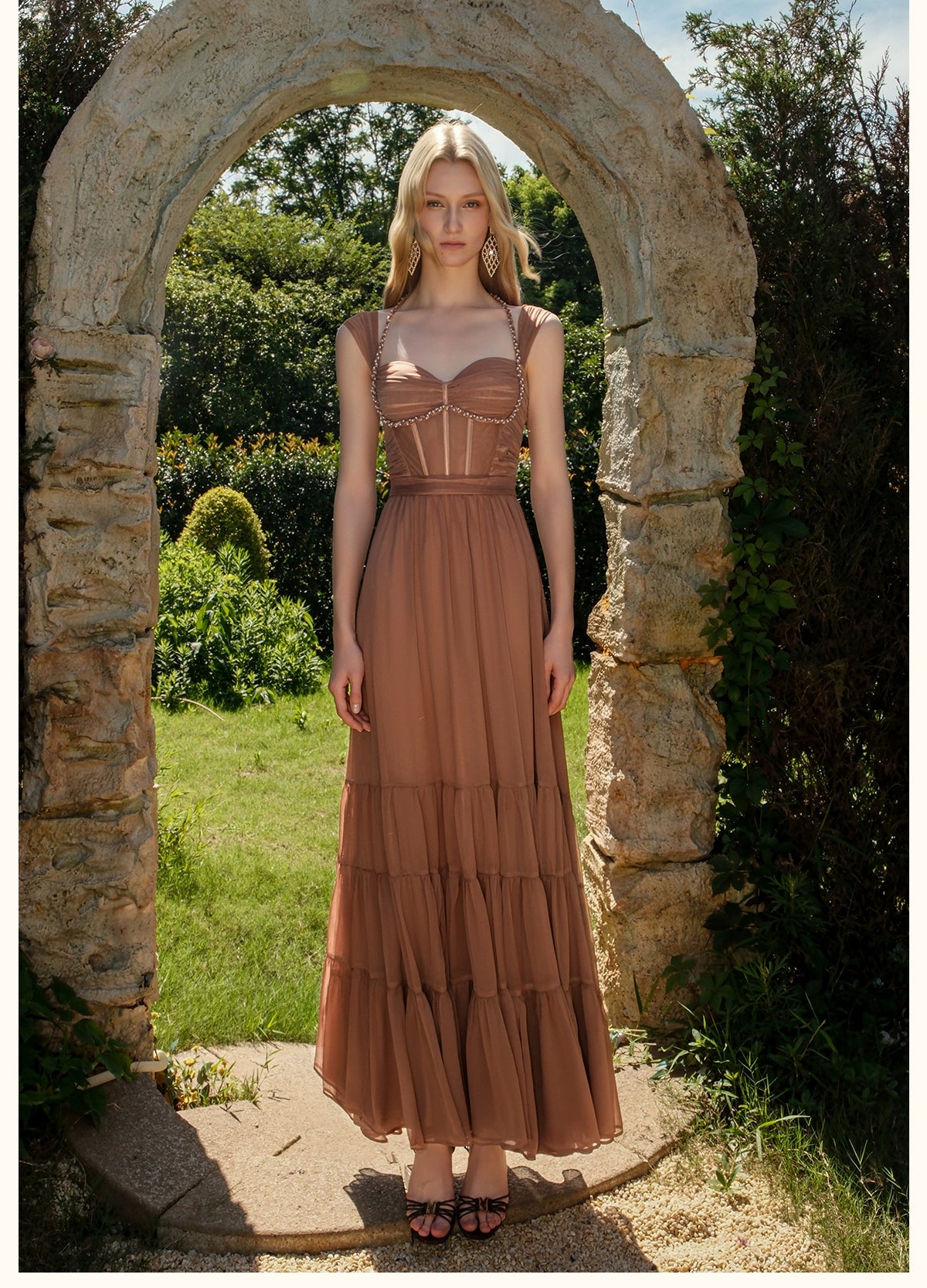Tia Beaded Halter Chiffon Midi Dresses