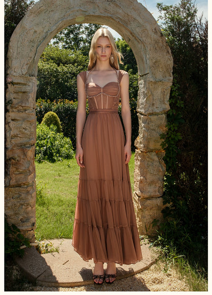 Tia Beaded Halter Chiffon Midi Dresses