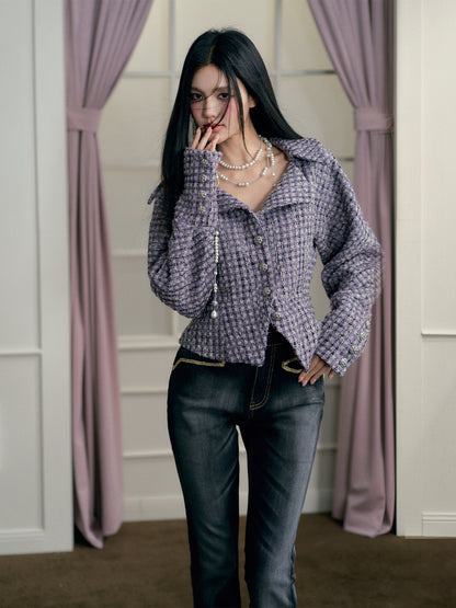 Purple Shawl Collar Knit Jacket - CHINASQUAD