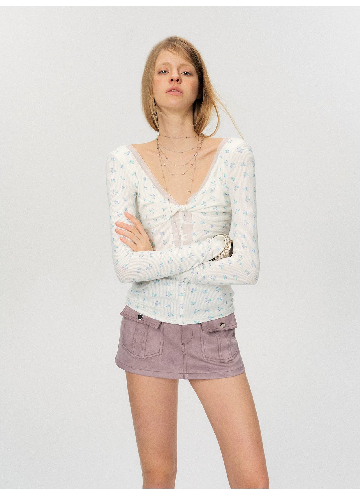 Twist-Front Mesh Panel Slim Fit Long Sleeve Top