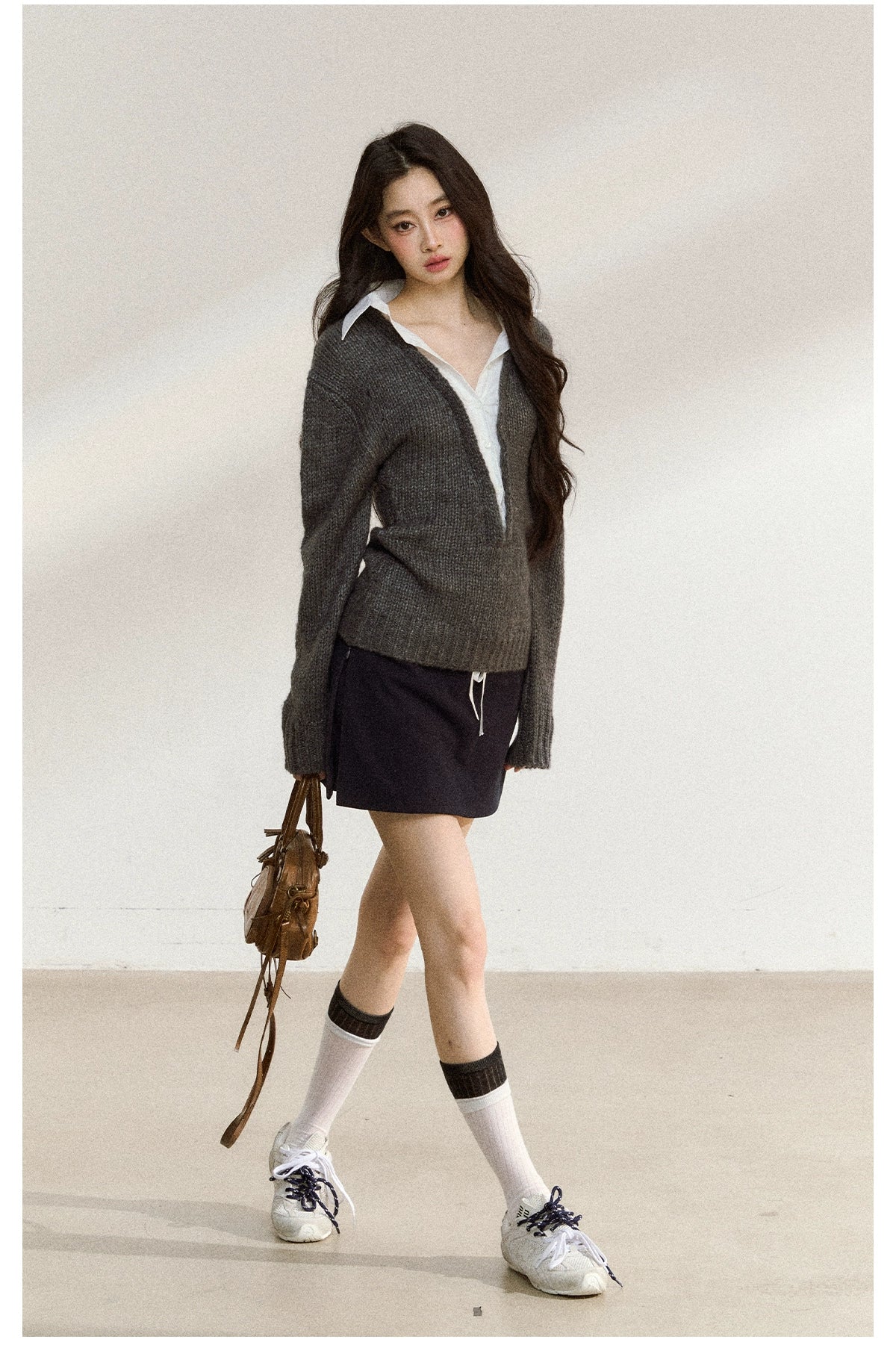 Gray Wool-Blend Layered Knit V-neck