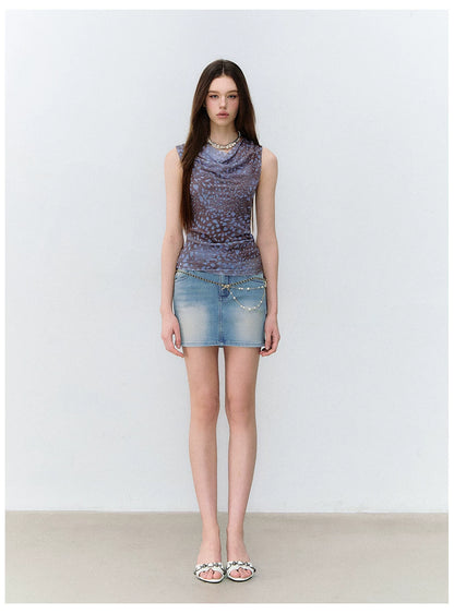 Cold Mist Speckled Draped Neck Off-Shoulder Mesh Sleeveless