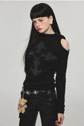 Mohair Off-Shoulder Knit Hoodie - CHINASQUAD