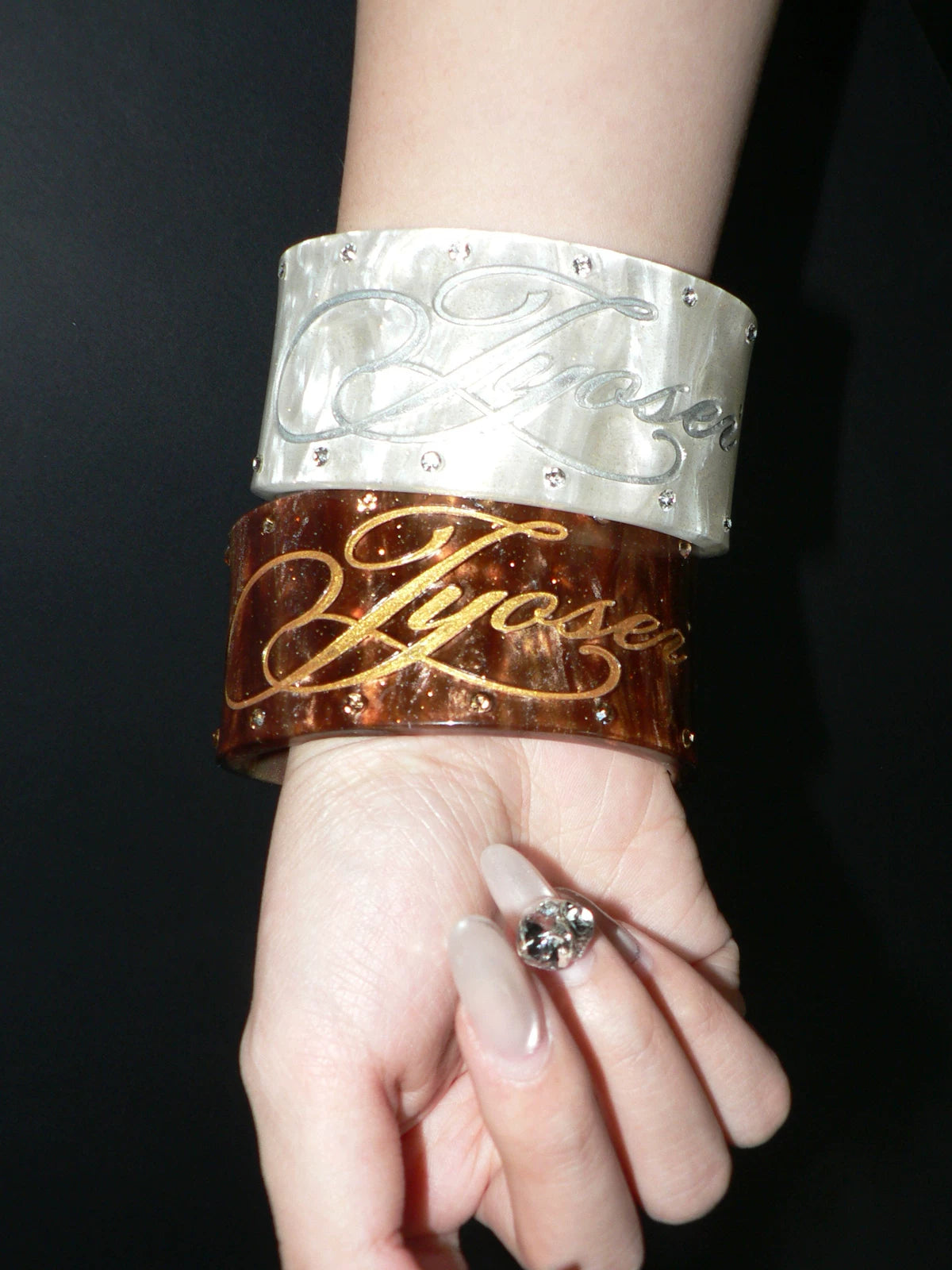 Vintage Crystal-Embellished Acrylic Wide Cuff Bracelet