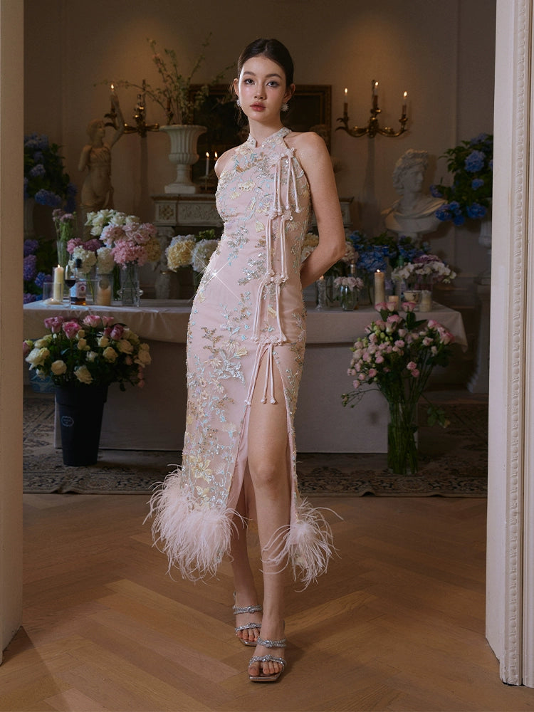Pink Cheongsam Feather Embroidery Dress