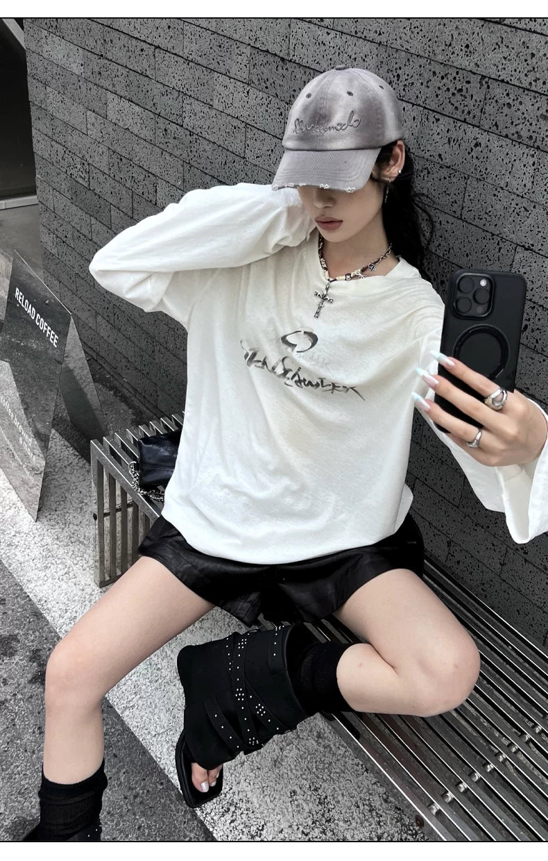 Vintage Washed Spray-Effect Long-Sleeve T-Shirt