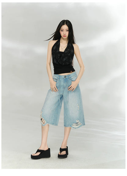 Crystal Distressed Cropped Straight-Leg Denim Jeans