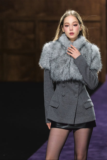 Ombre Short Faux Fur High-Neck Cropped Jacket