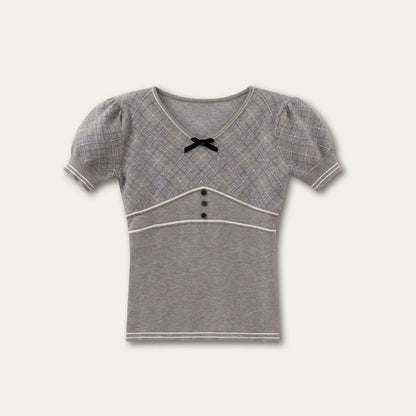 Vintage Preppy Plaid Knit Short Sleeve Tee