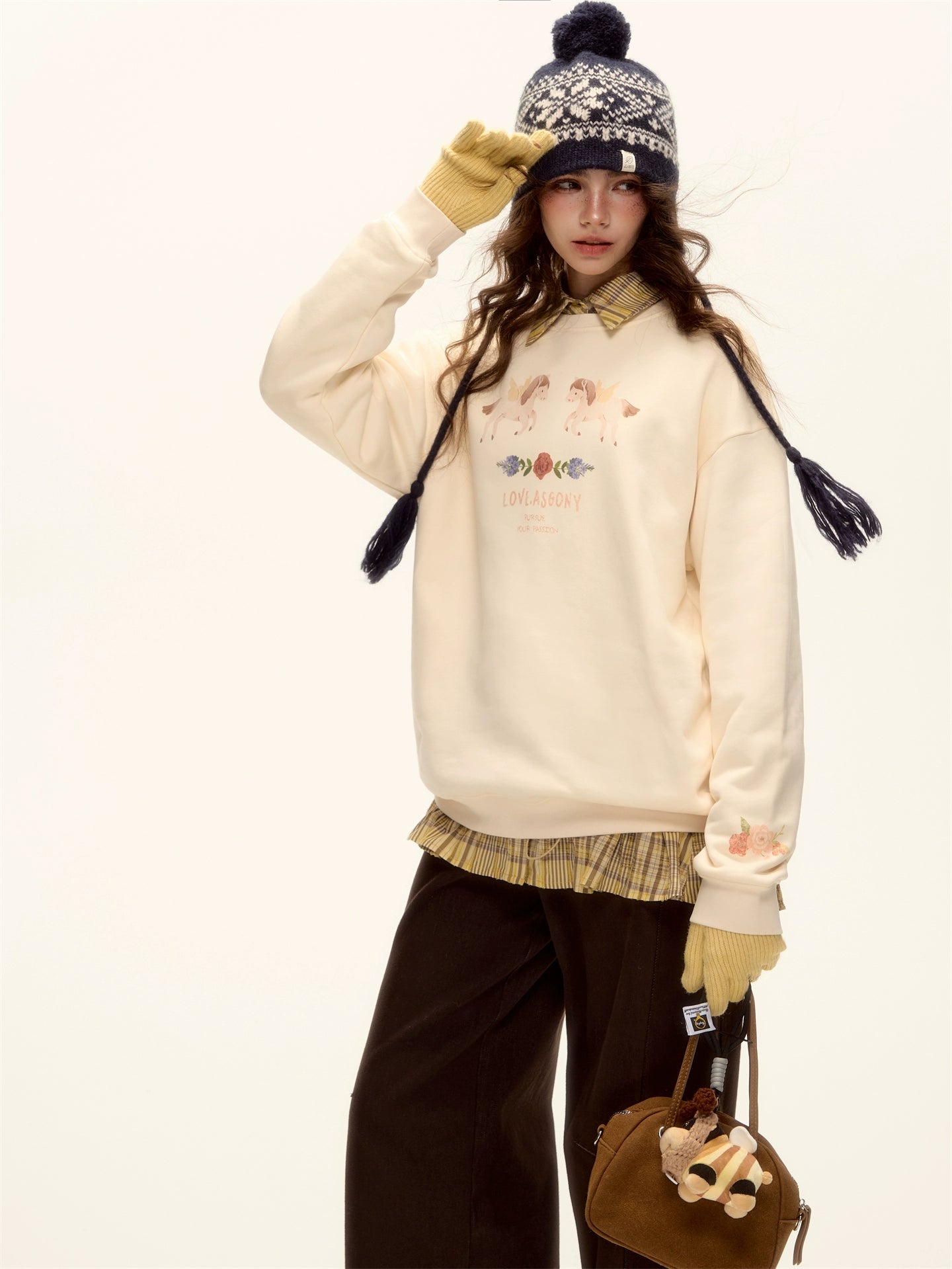 Floral Pony Print Fleece-Lined Pullover Sweatshirt