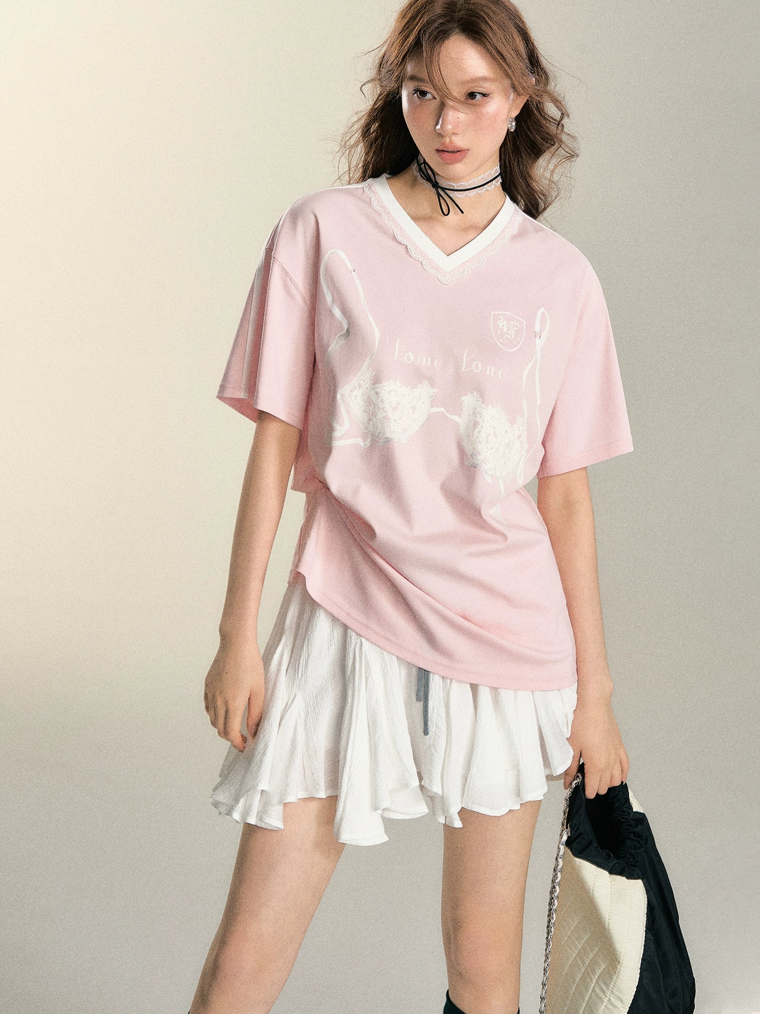 Pink Lace Collar Printed T-shirt