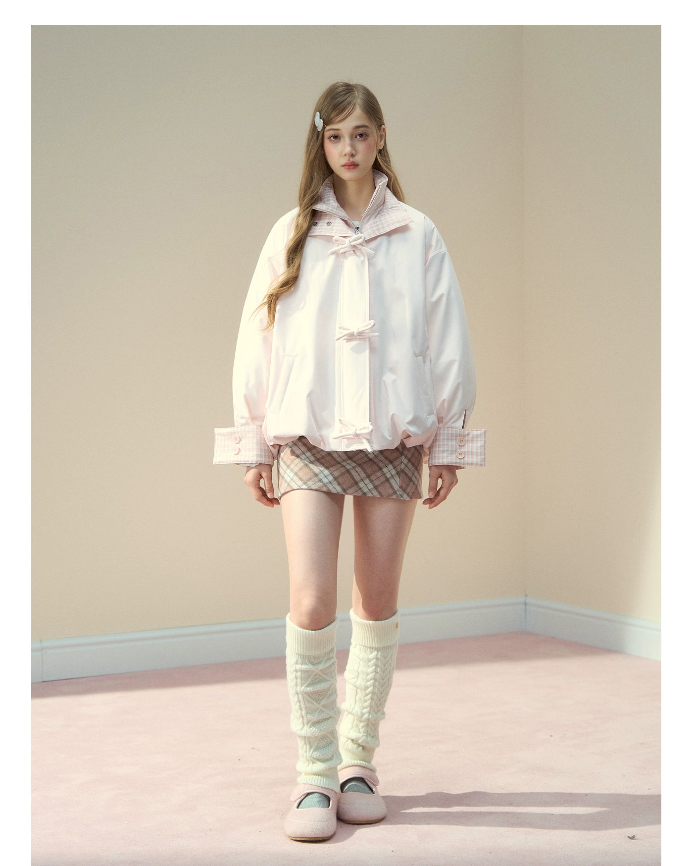 Pink Bow Check Down Jacket
