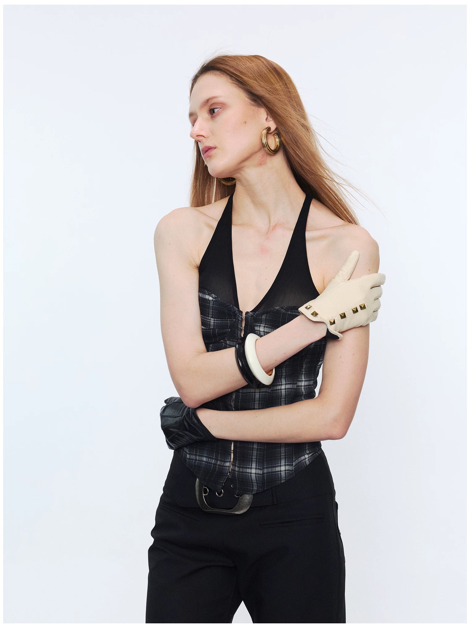 Plaid Mesh Panel Halter Corset