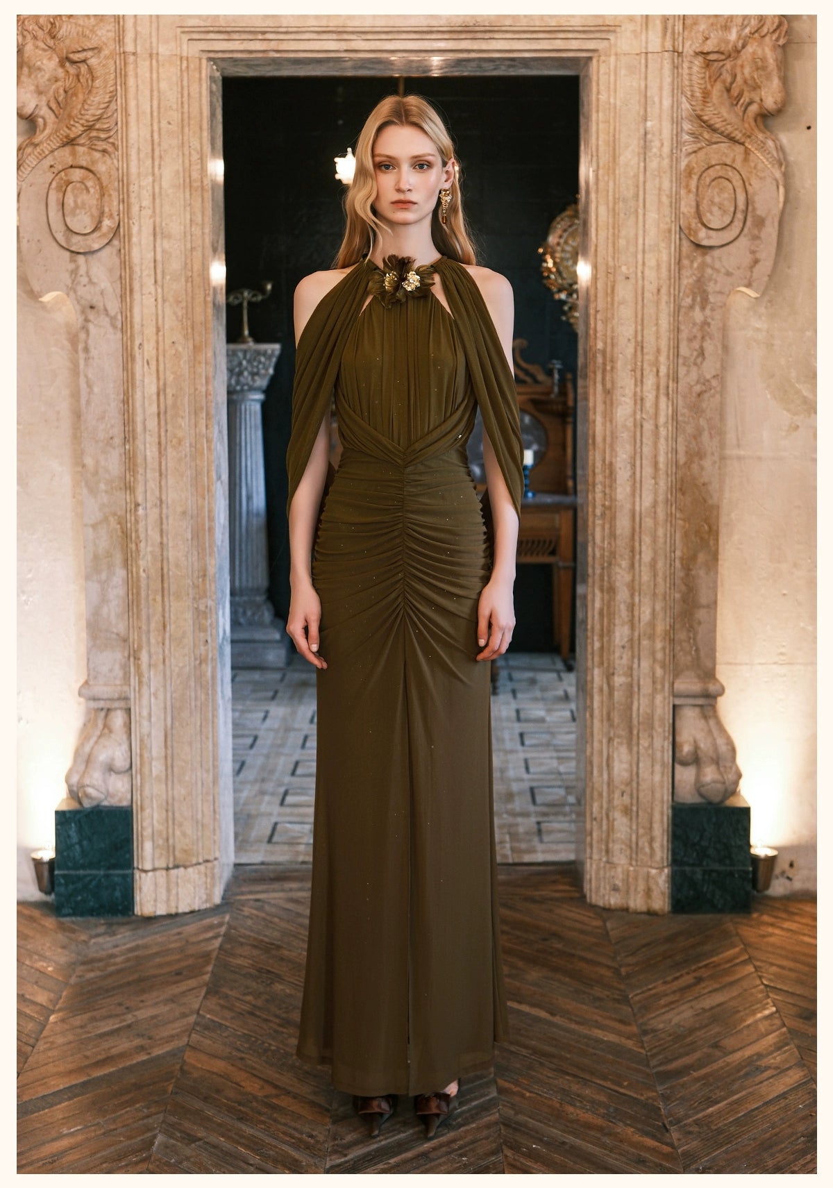 Sheer Luck Deva Halter Backless Draped Split Maxi Dress Green / S Sheer Luck Deva Halter Backless Draped Split Maxi Dress Green / S