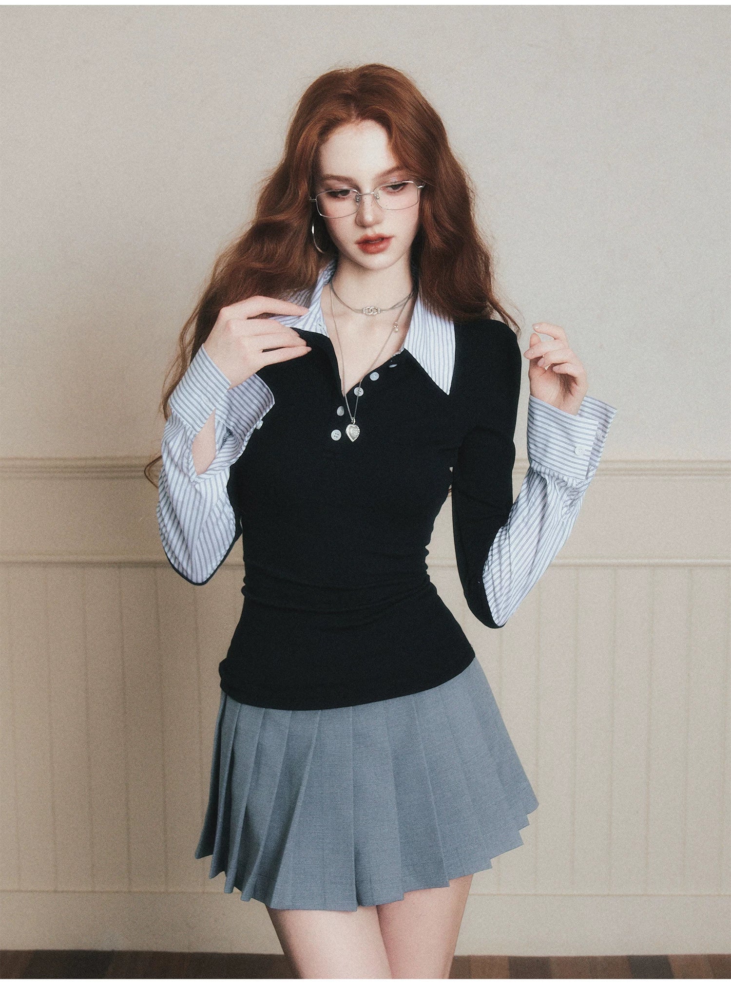 Layered-Style Collar Knit Polo