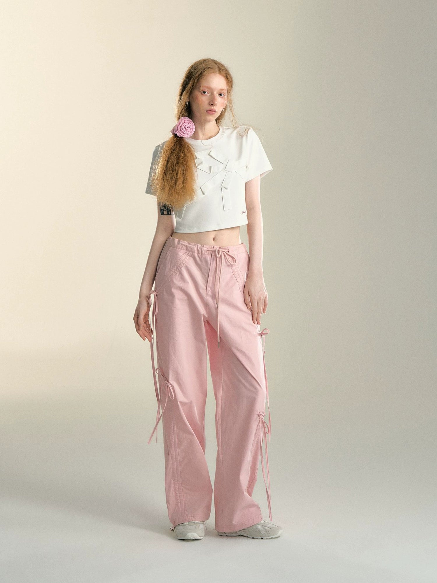 Pink &amp; Grey Bow Tie Drawstring Cargo Pants - CHINASQUAD