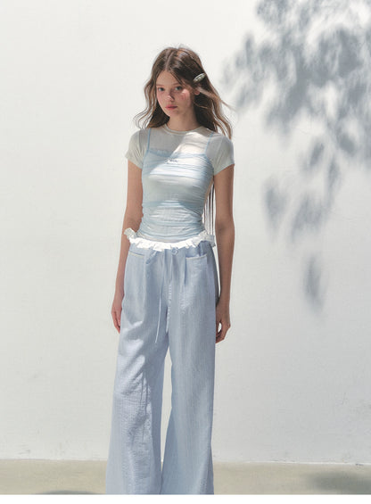 Contrast Color Fake Two-piece Mesh Lace Short-sleeve T-shirt