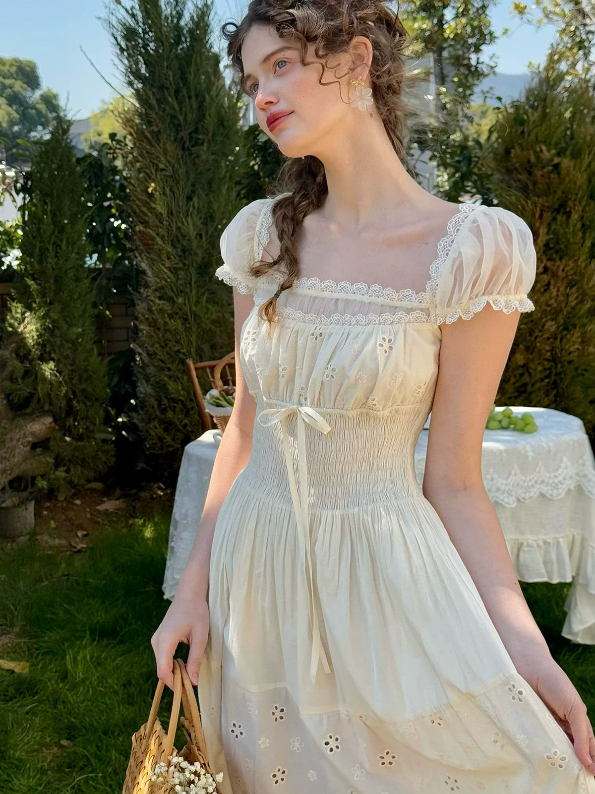 White Pastoral First-Love Cinched-Waist Dress