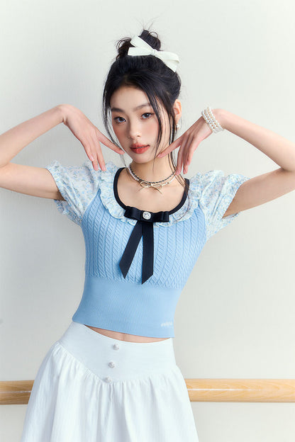 Floral Bubble Sleeve Slim Knitted Top - CHINASQUAD