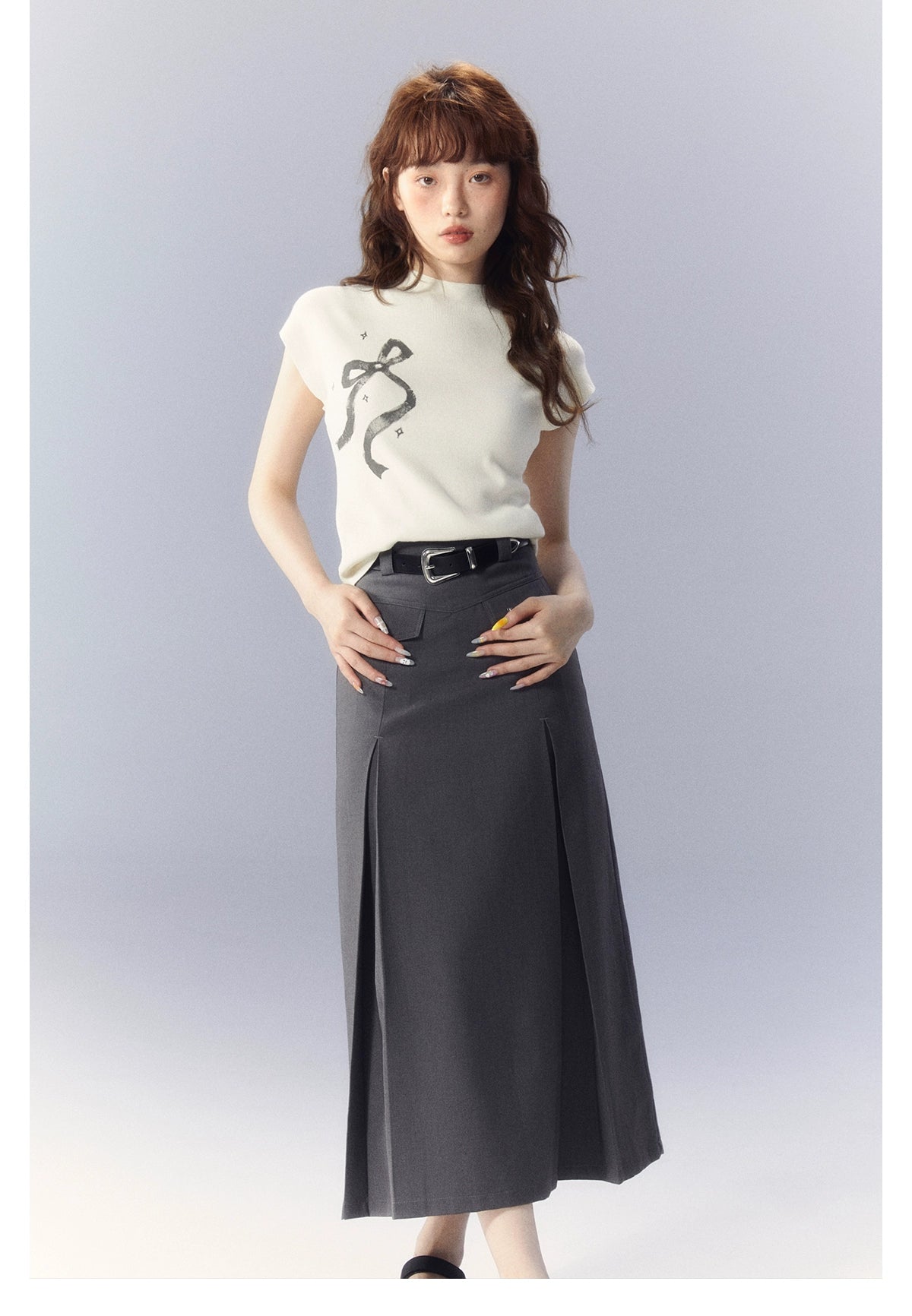 Gray A-line Pleated Suit Skirt - CHINASQUAD